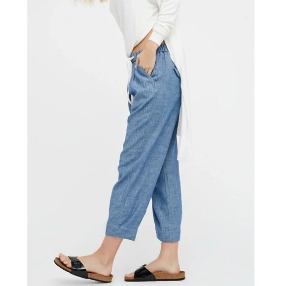 Free People Blue Chambray Ankle Crop Pants Linen Blend - Picture 10 of 12